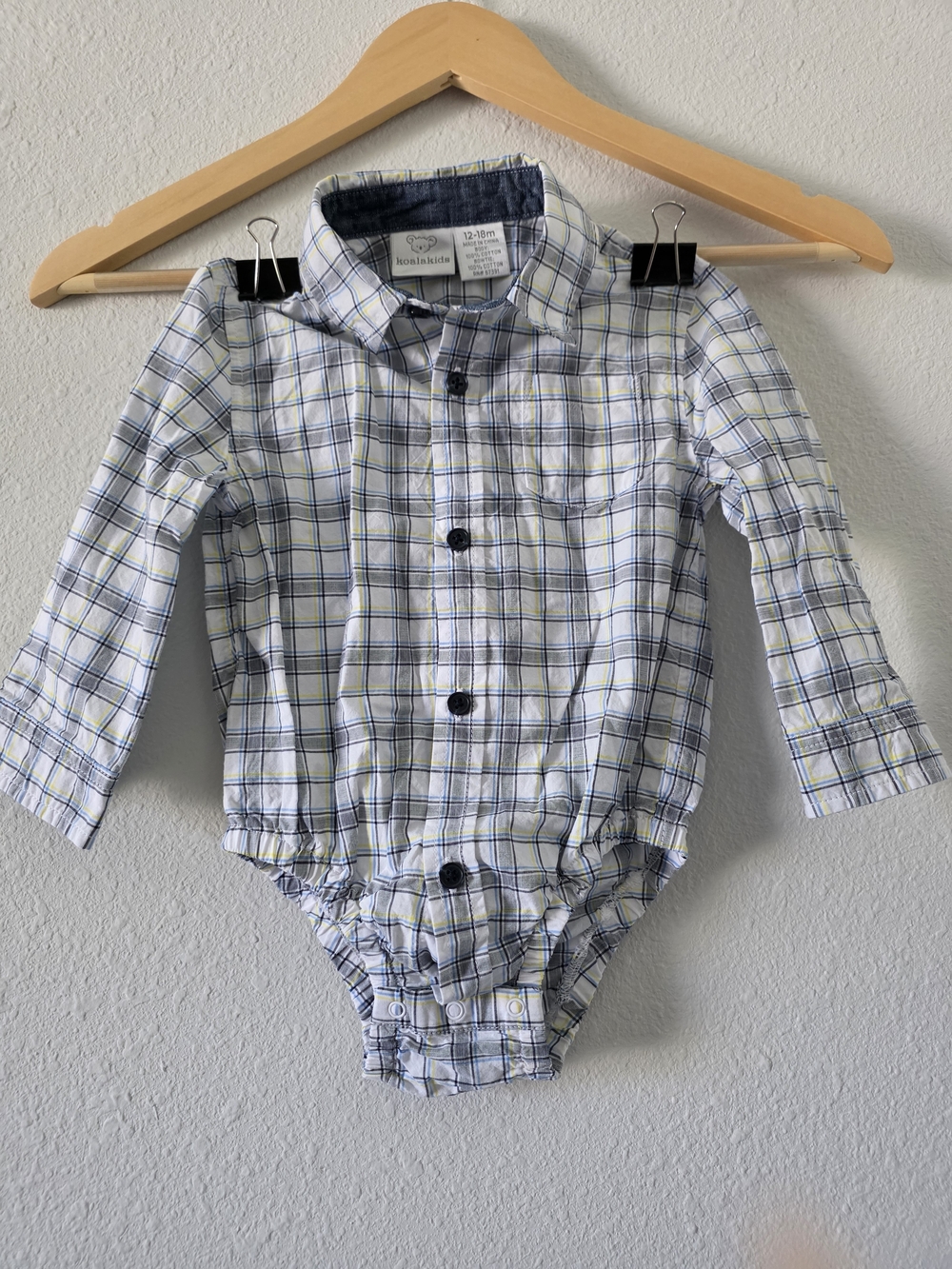 Koala Kids White and Blue Plaid Long-Sleeve One-Piece Bodysuit
